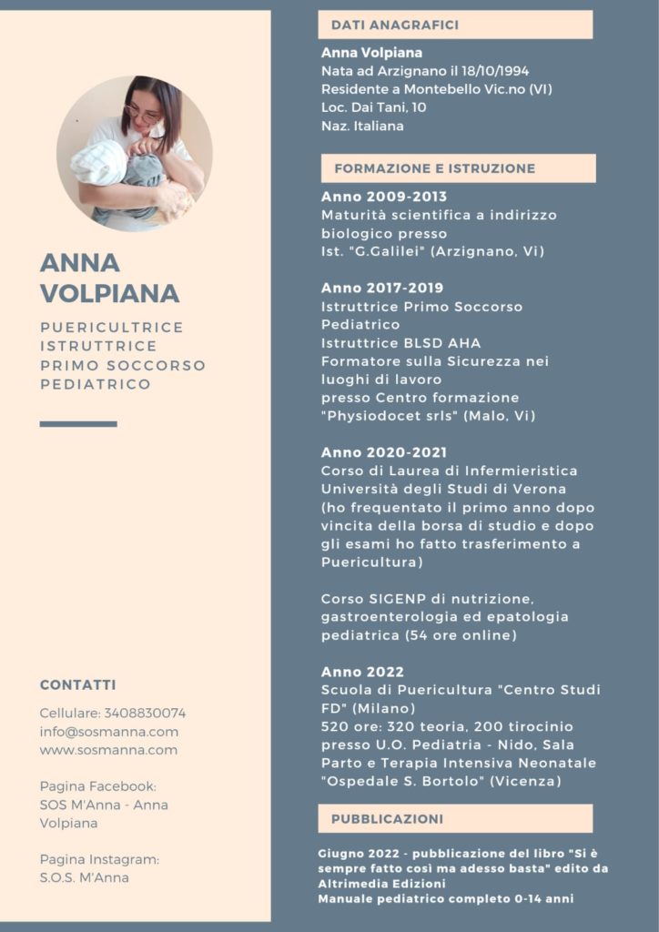 cv Anna Volpiana Puericultrice istruttrice primo soccorso pediatrico